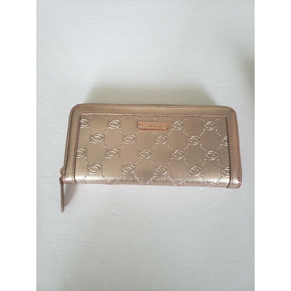 bebe Handbags - BEBE Rose Gold Signature Zip Around Clutch Wallet Continental Large Long Metalic